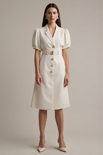 Ivory Satin Notched Lapel Short Sleeves Midi Work Dress with Belt